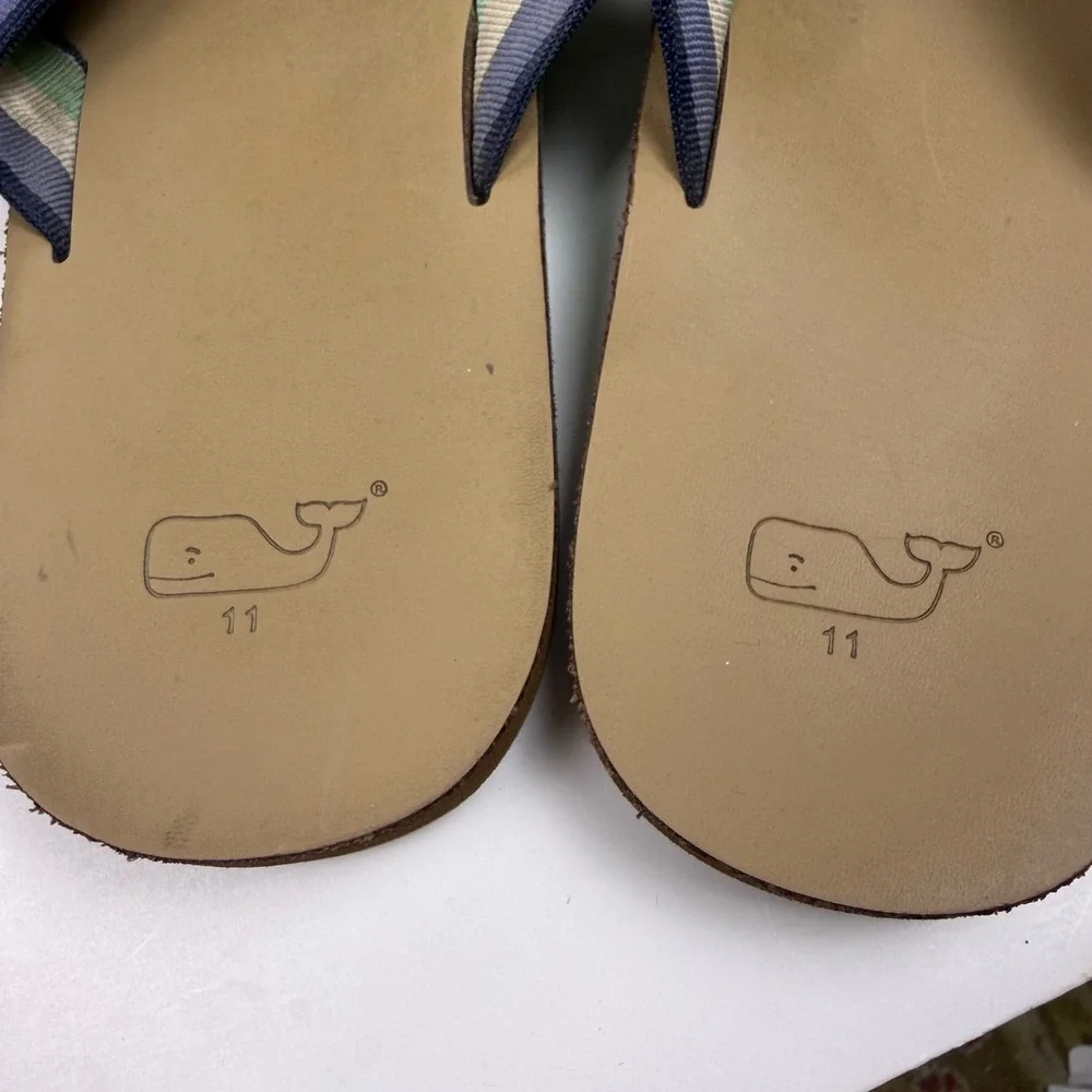 Vineyard Vines Mens Flip Flop Sandals Striped Webbing Tan Navy Green Size 11